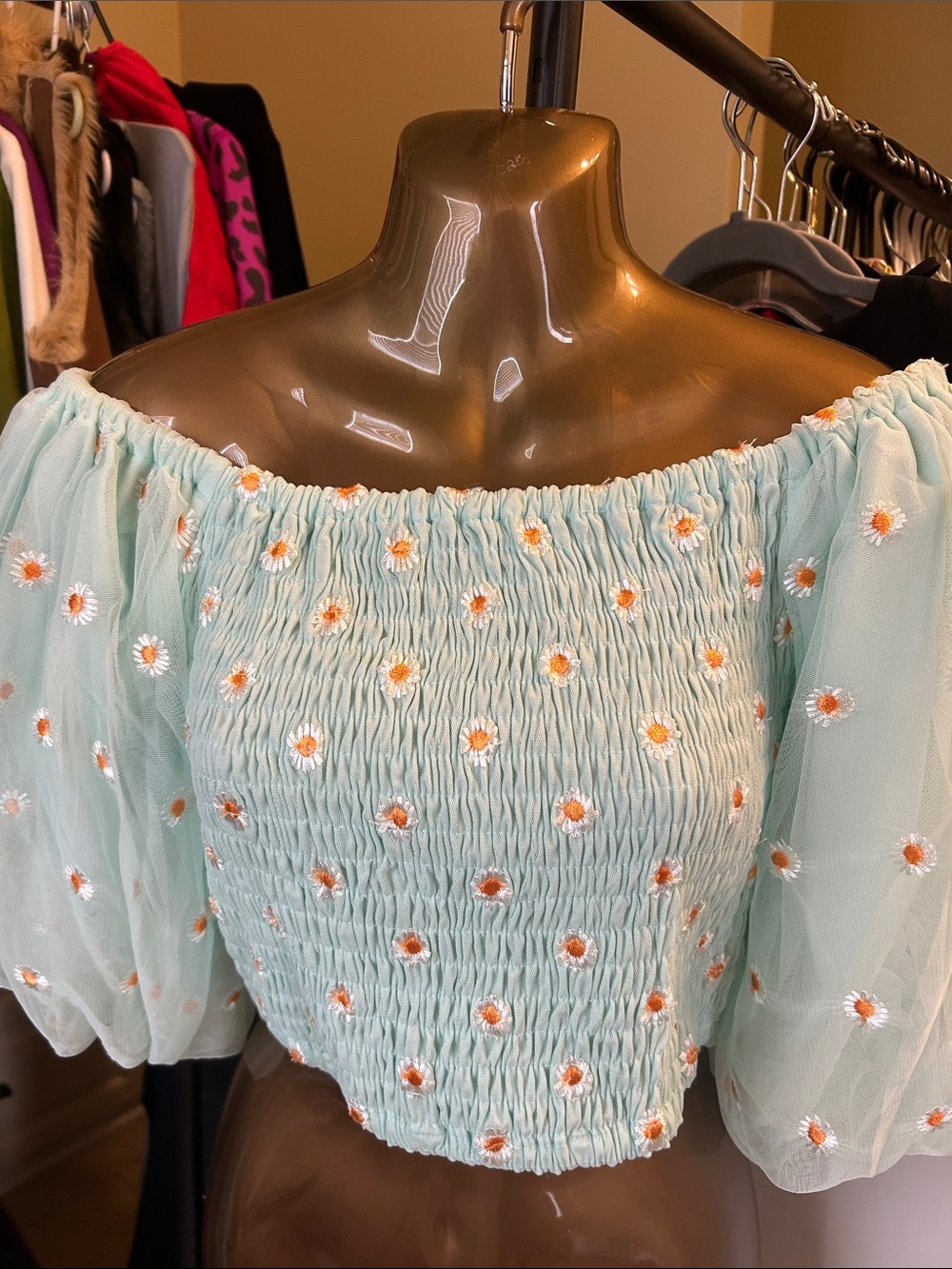 Smocked Mint Off-Shoulder Top with Daisy Embroidery